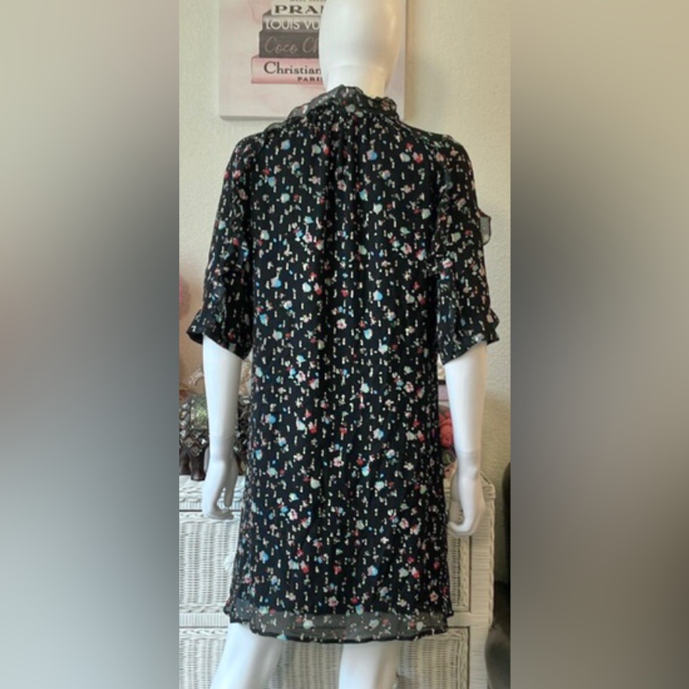 Sezane Josephine Mini Dress Silk Low Cut Ruffles Black w/ Pink Size FR 36 = US 4 - Picture 4 of 13